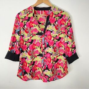 NATORI Floral Asian Print Bright Colorful Satin Blouse Pajama Top